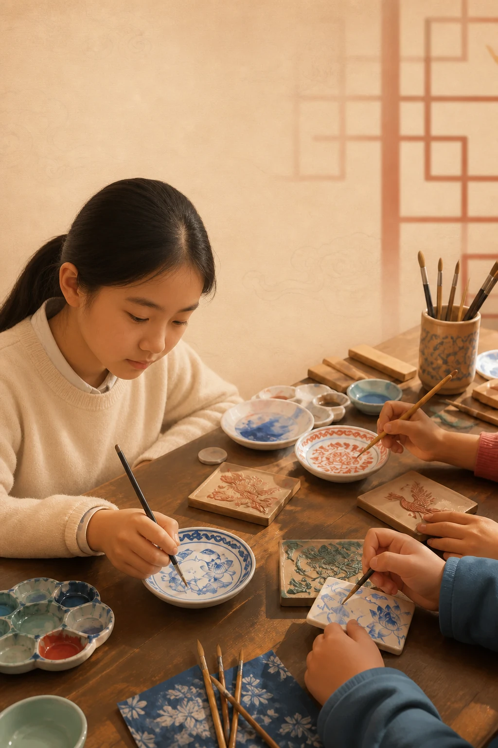 女学生在校园美育课堂中专注绘制青花瓷画
