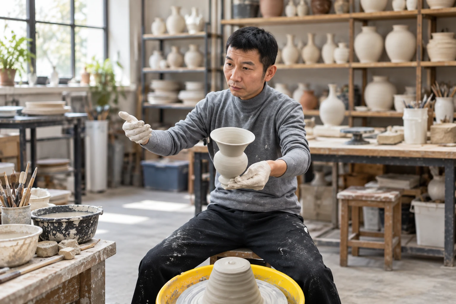 陶艺匠人在工坊中展示手工拉坯完成的白瓷器形
