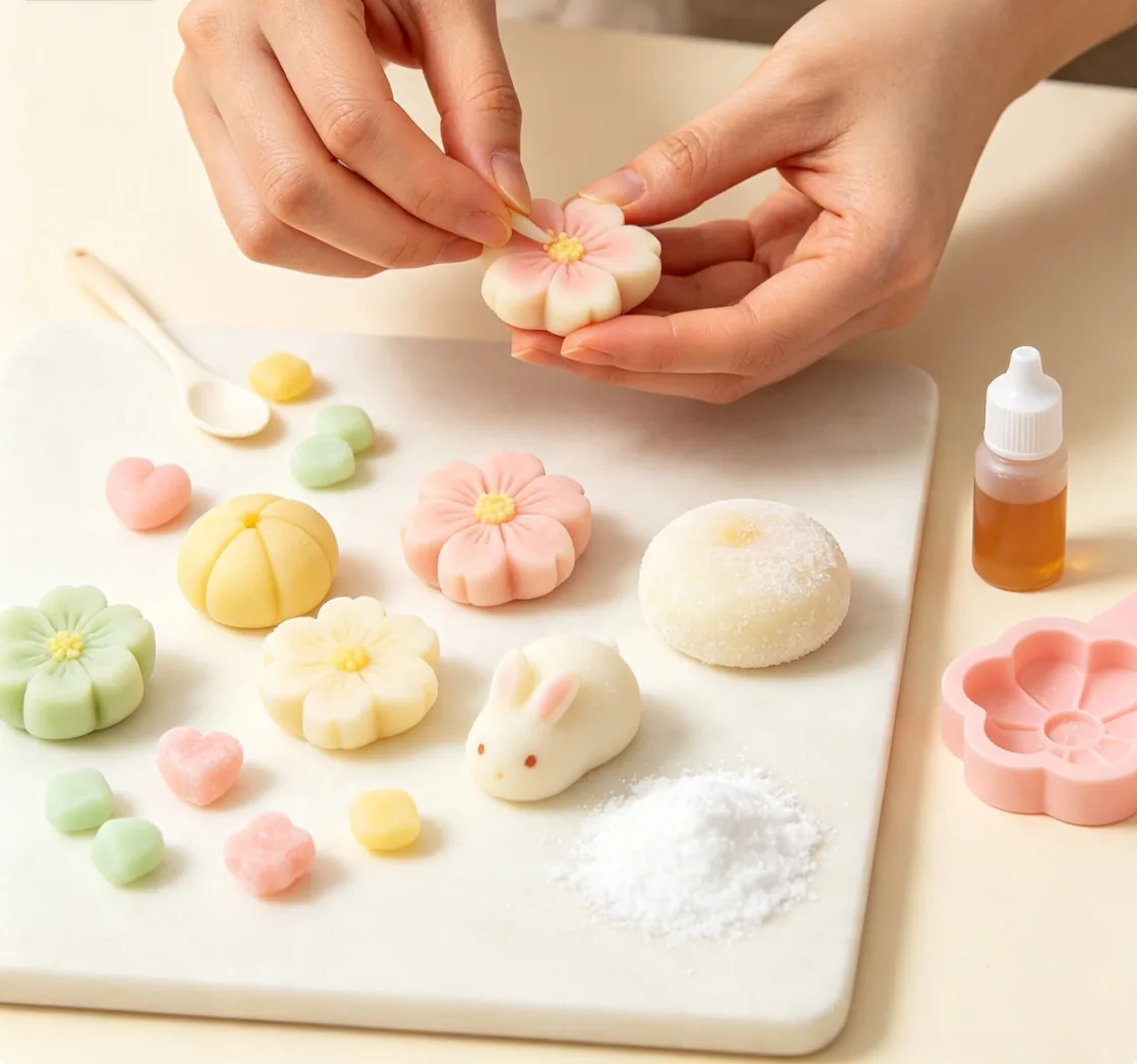 双手为粉色花形唐果子进行精细装饰