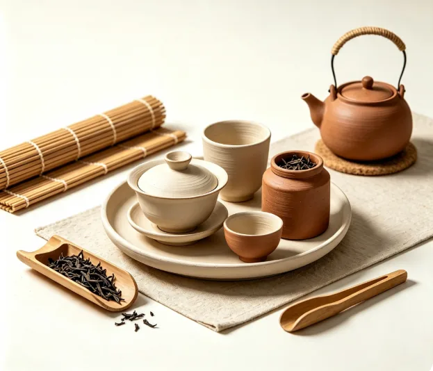 茶席上整齐摆放的茶器与冲泡用具